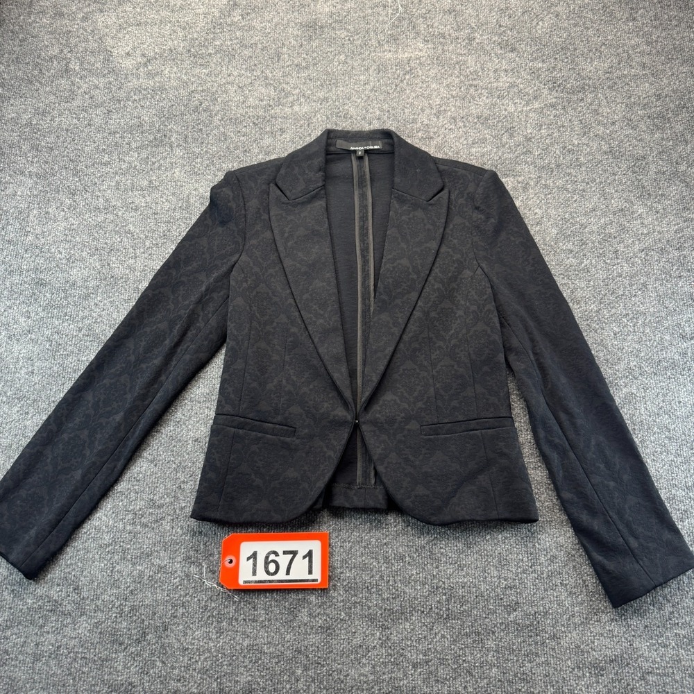 Amanda + Chelsea Blazer Jacket Womens 2 Black Jacquard Damask Open Front Career
